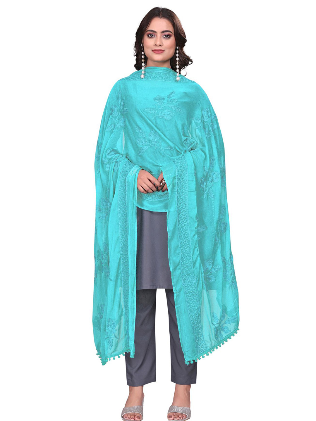 Kemza Embroidered Phulkari Chiffon Dupatta With Pom Pom Border