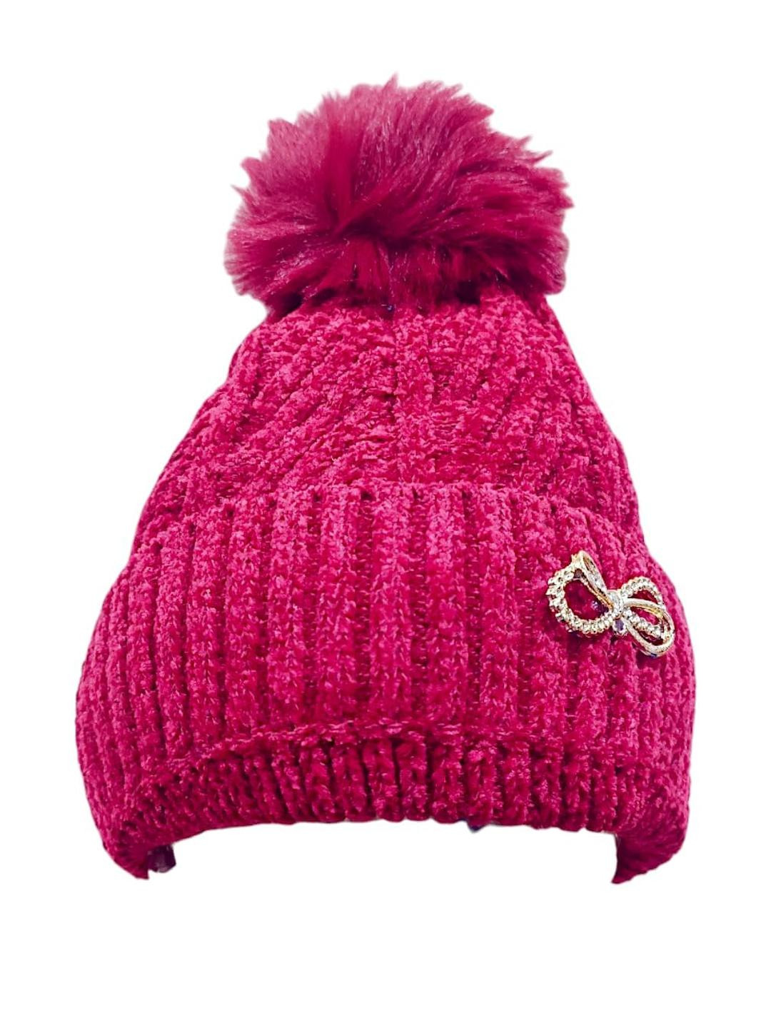 Trubliz Kids Red Self Design Pom Pom Beanie