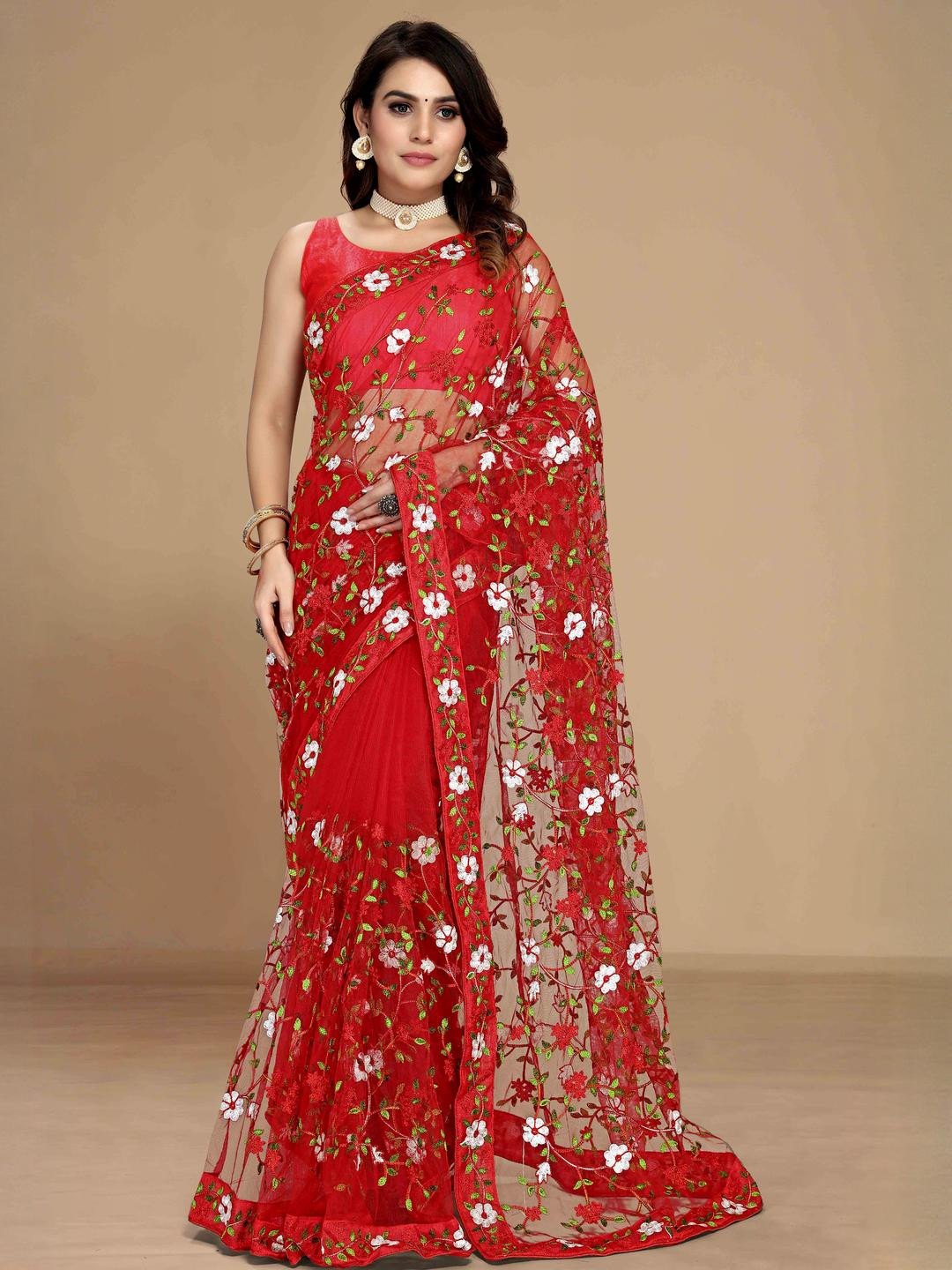 Peachmode Red Net  Sarees