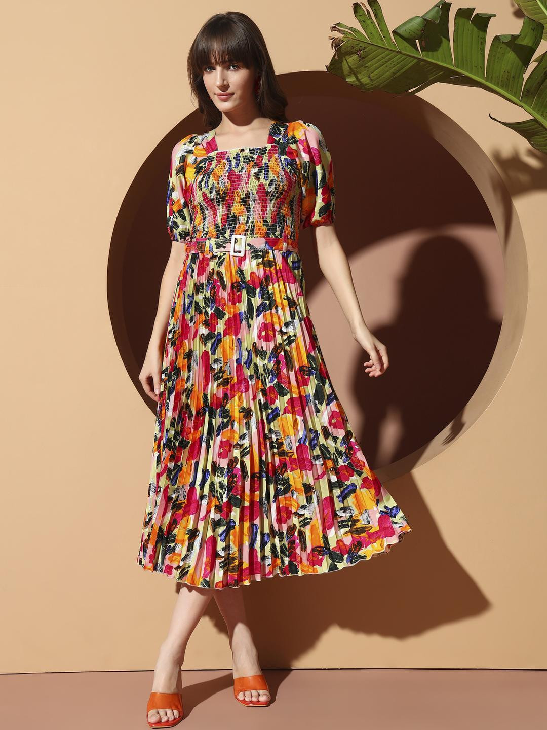LookShine Women Multicolor Floral Print Puff Sleeve Applique A-Line Midi Dress