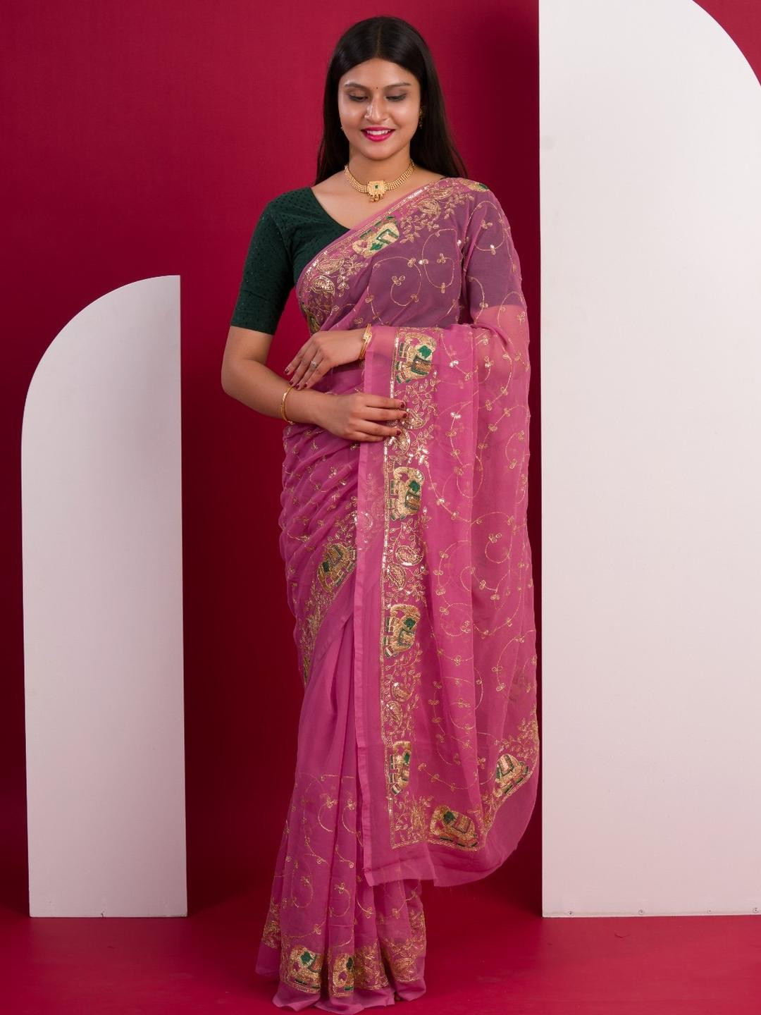 KCPC BANDHANI Ethnic Motifs Embroidered Pure Georgette Saree