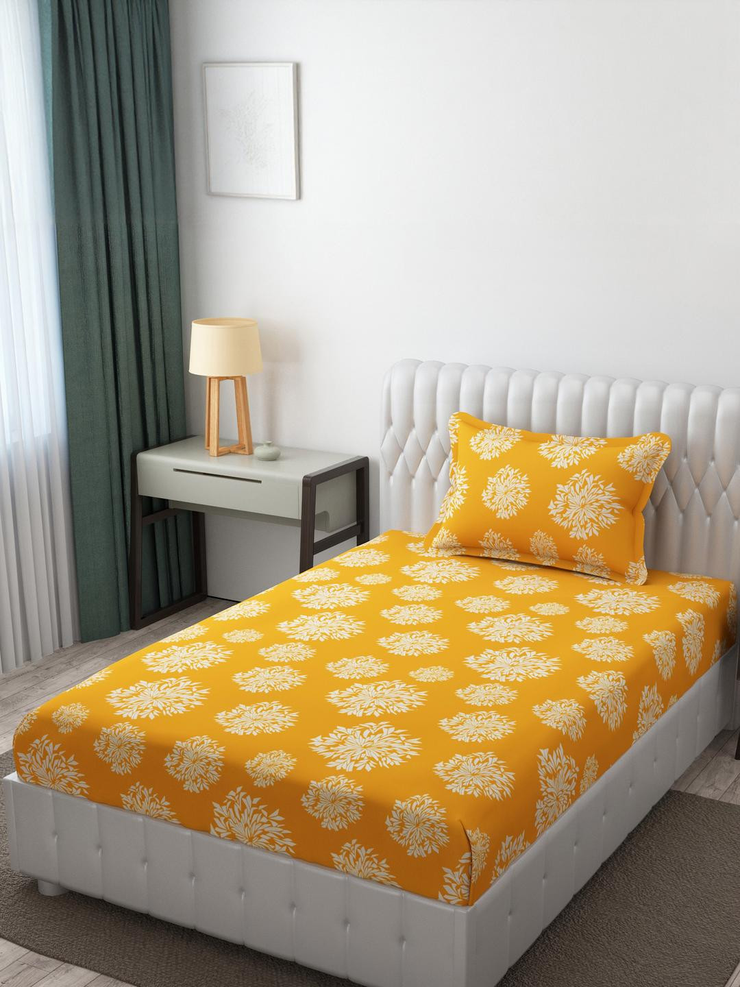 HIDECOR Yellow & White Floral Print Microfiber 210 TC Single Bedsheet & 1 Pillow Cover