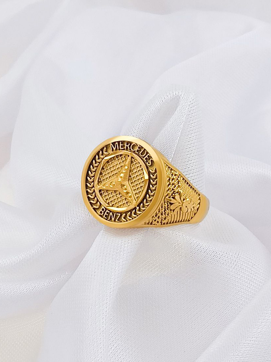 Saizen Men Gold Plated & Mercedes Benz Logo Finger Ring