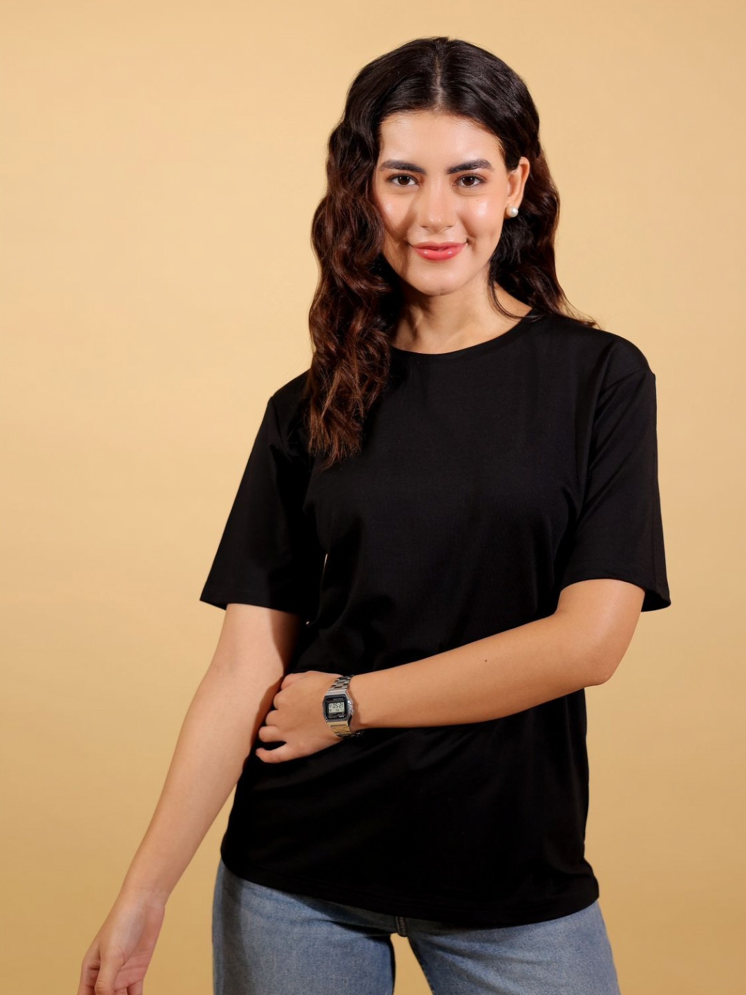 BAESD Women Midnight Solid Round Neck Pure Cotton Oversized Relaxed Fit T-shirt