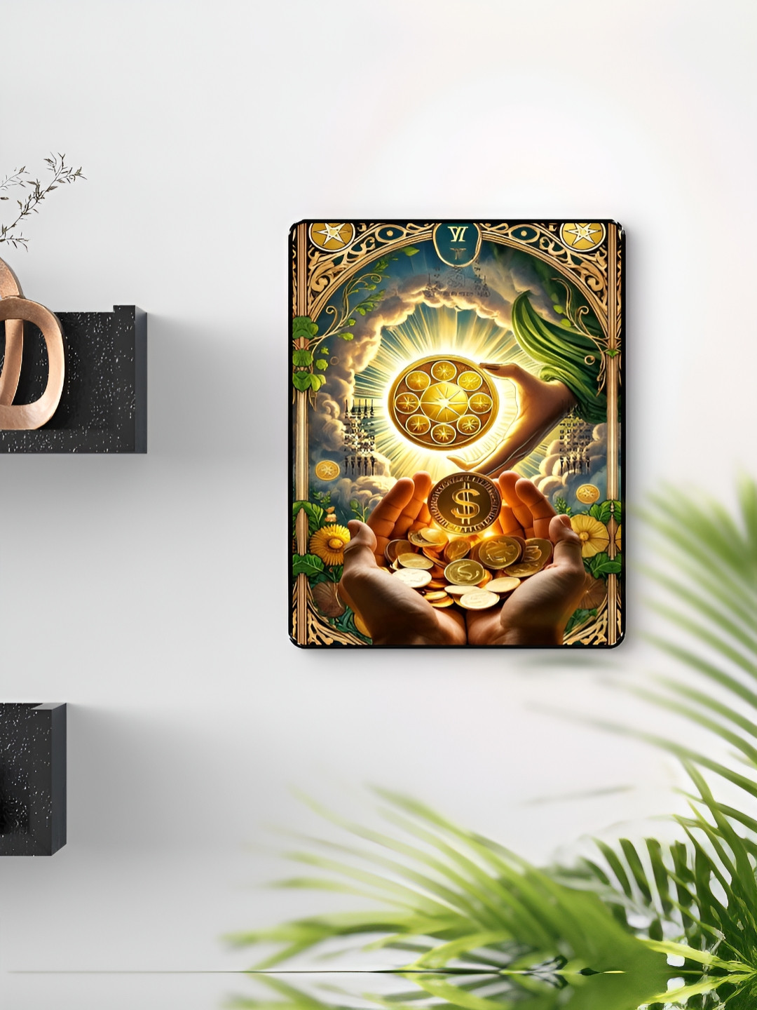 SAF Gold-Toned & White Green Golden Coin Money Wooden Paintings Wall Art