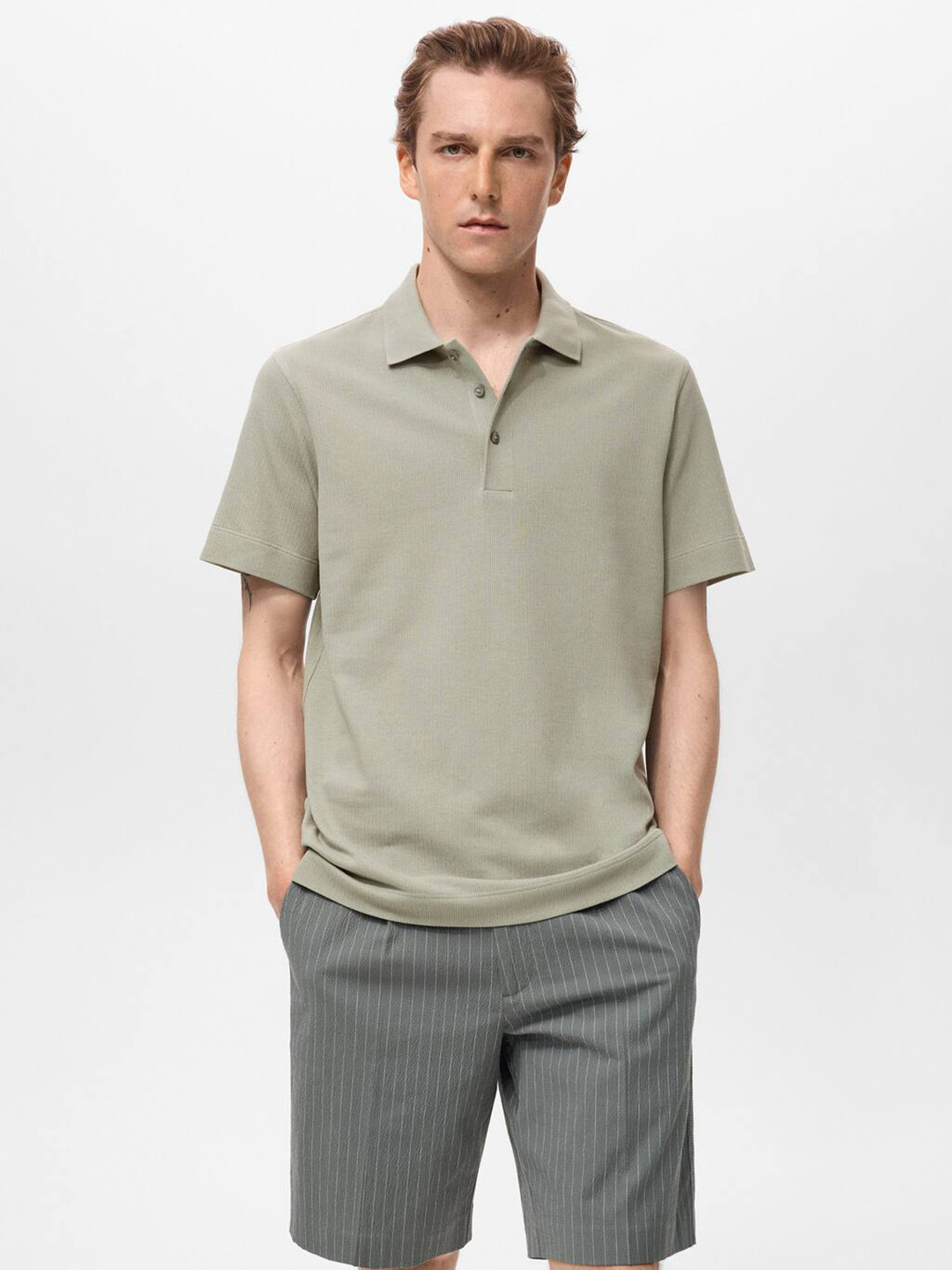 MANGO MAN Fine Rib Knit Polo Collar Pure Cotton T-shirt