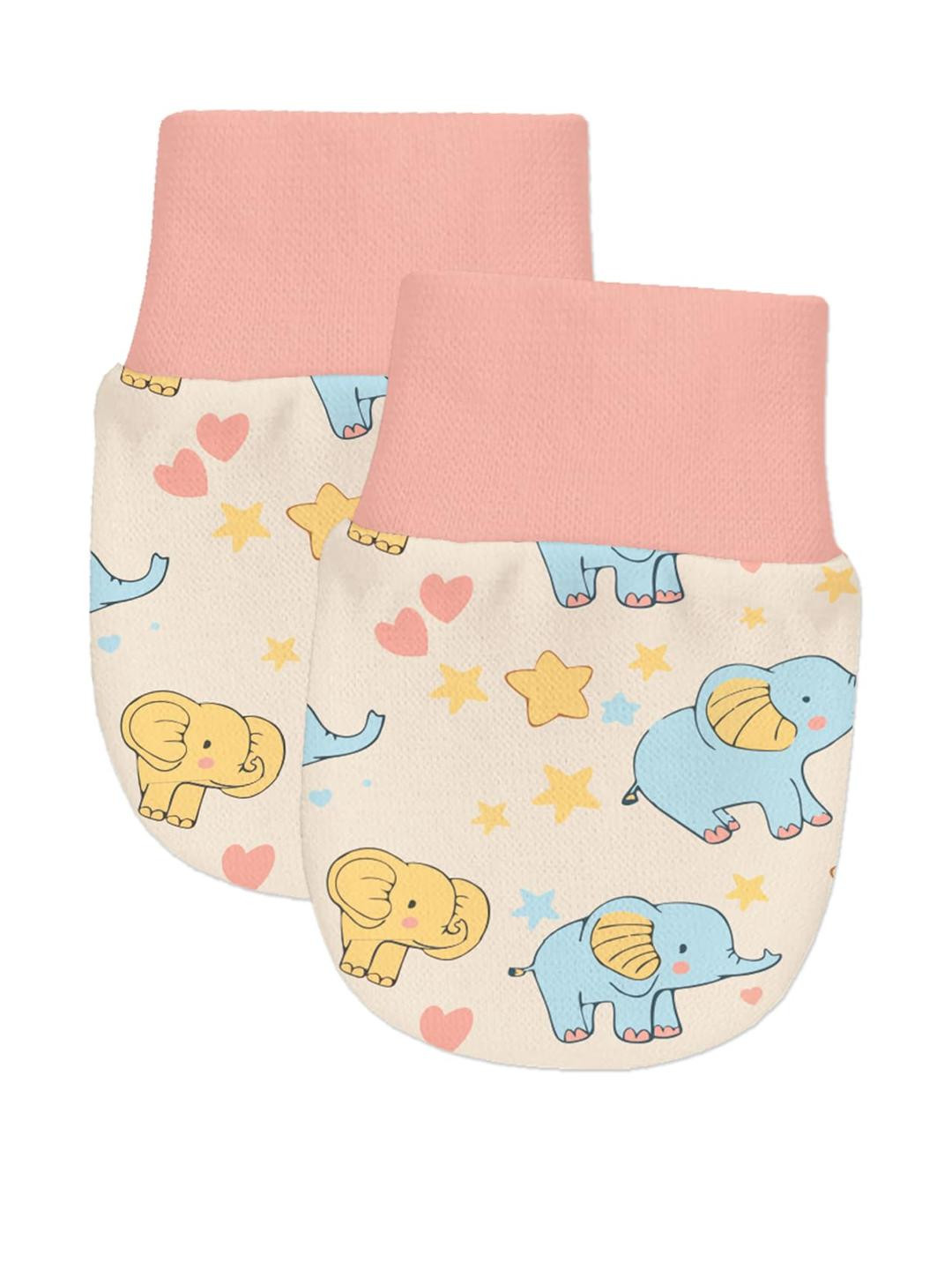 Adhigams Kids-Unisex Beige Elephant Newborn Cotton Hand Gloves
