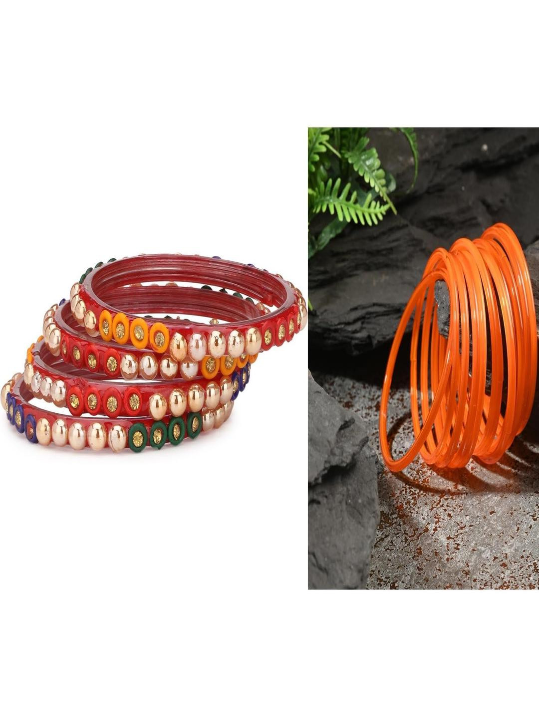 SOMIL Set Of 16 Multi & Orange Alloy Artificial Stones & Beads Bangles