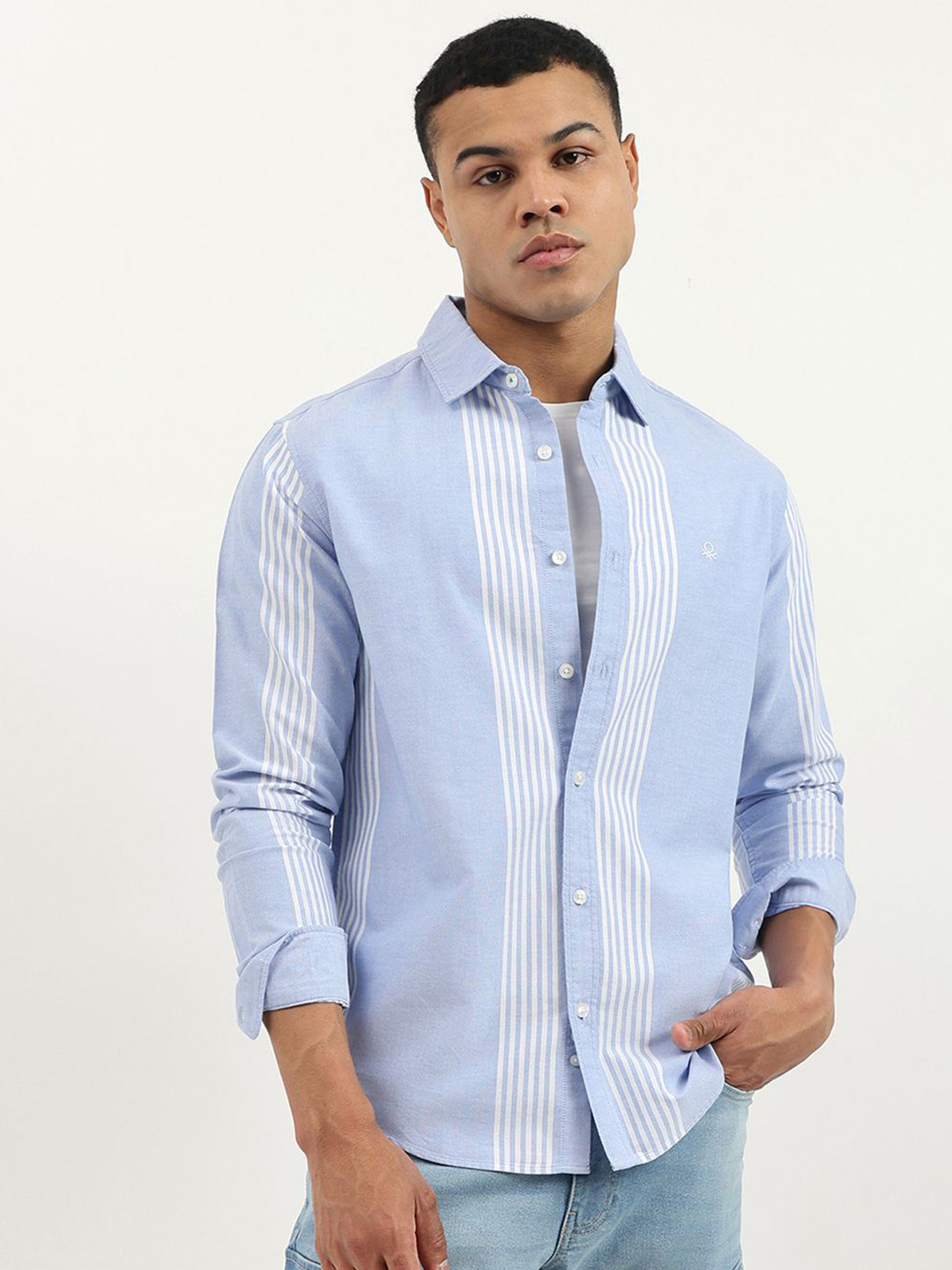 United Colors of Benetton Vertical Stripes Striped Spread Collar Pure Cotton Shirt