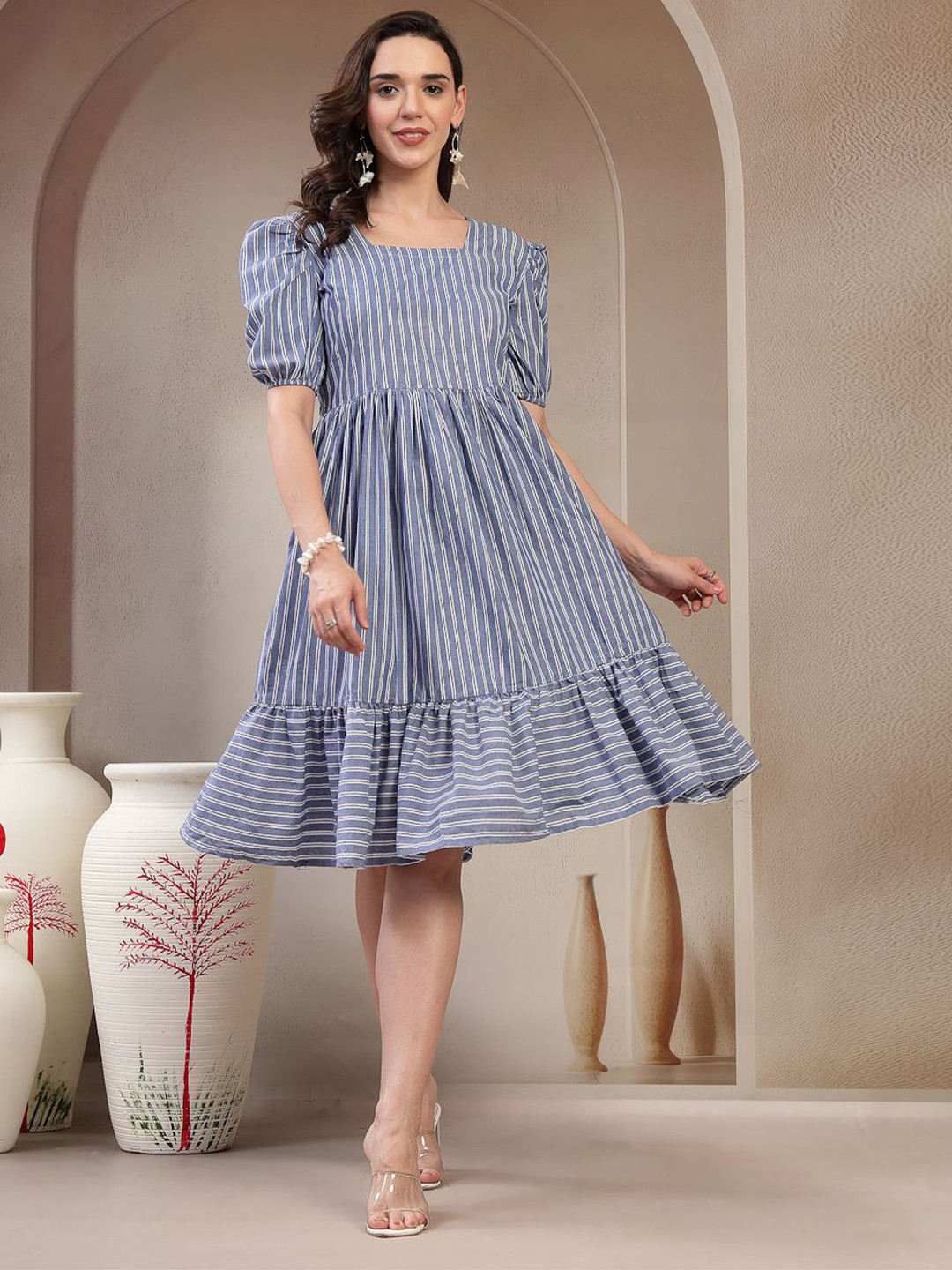 Tzelynn Women Striped Puff Sleeve Fit & Flare Dress