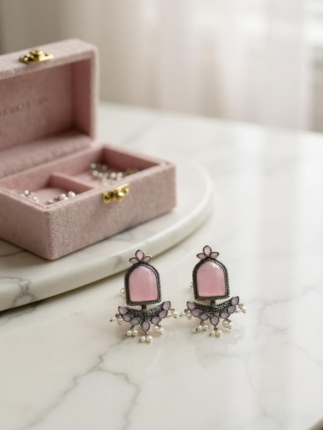 The Style Courtyard Artificial Stones Studded & Beaded Oxidised Crescent Shaped Chandbalis