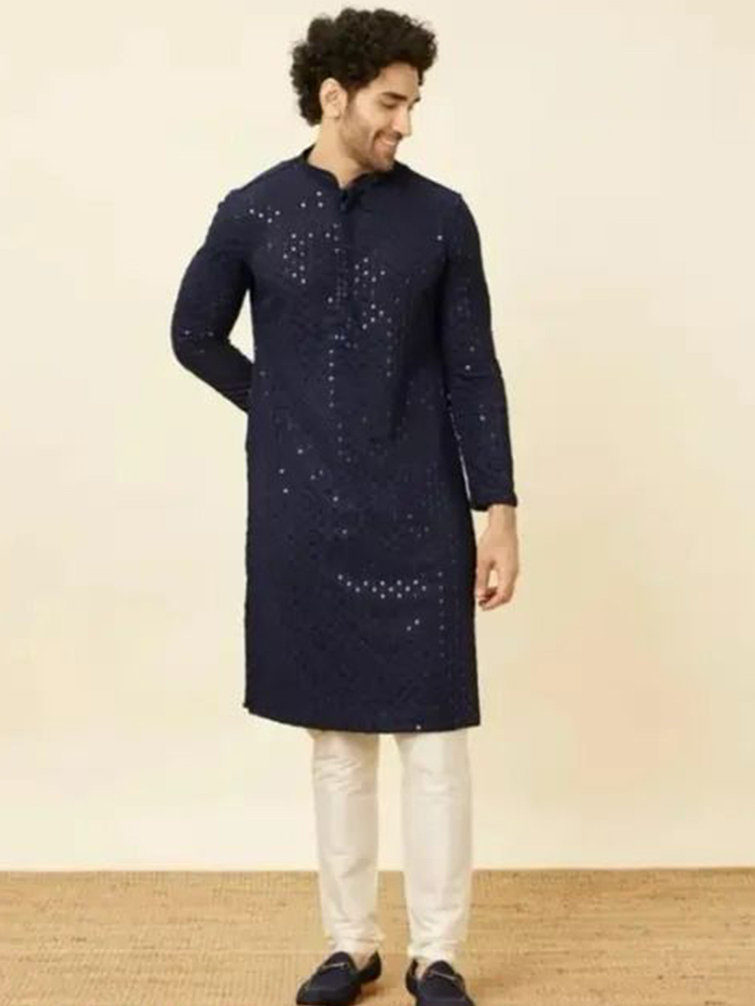 ONE FORT Men Geometric Embroidered Regular Sequinned Kurta With Trousers