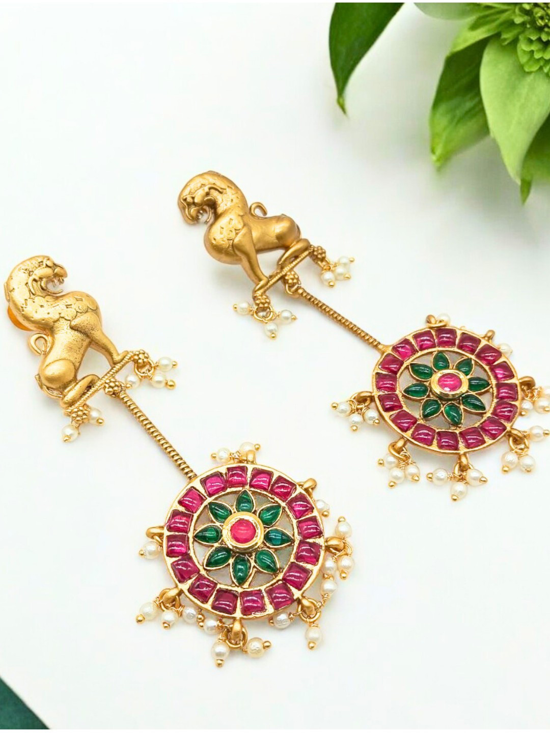 IKSAVA Gold Plated Kundan Studded And Beaded Lions Shaped Drop Earrings