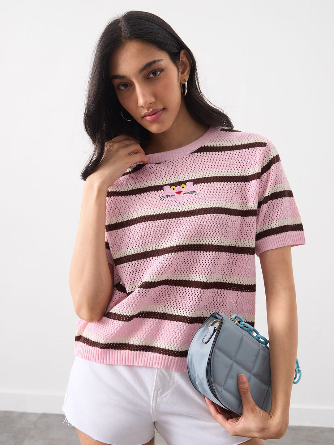 The Souled Store Pink Panther Striped Open Knit Relaxed Fit Pure Cotton T-Shirt