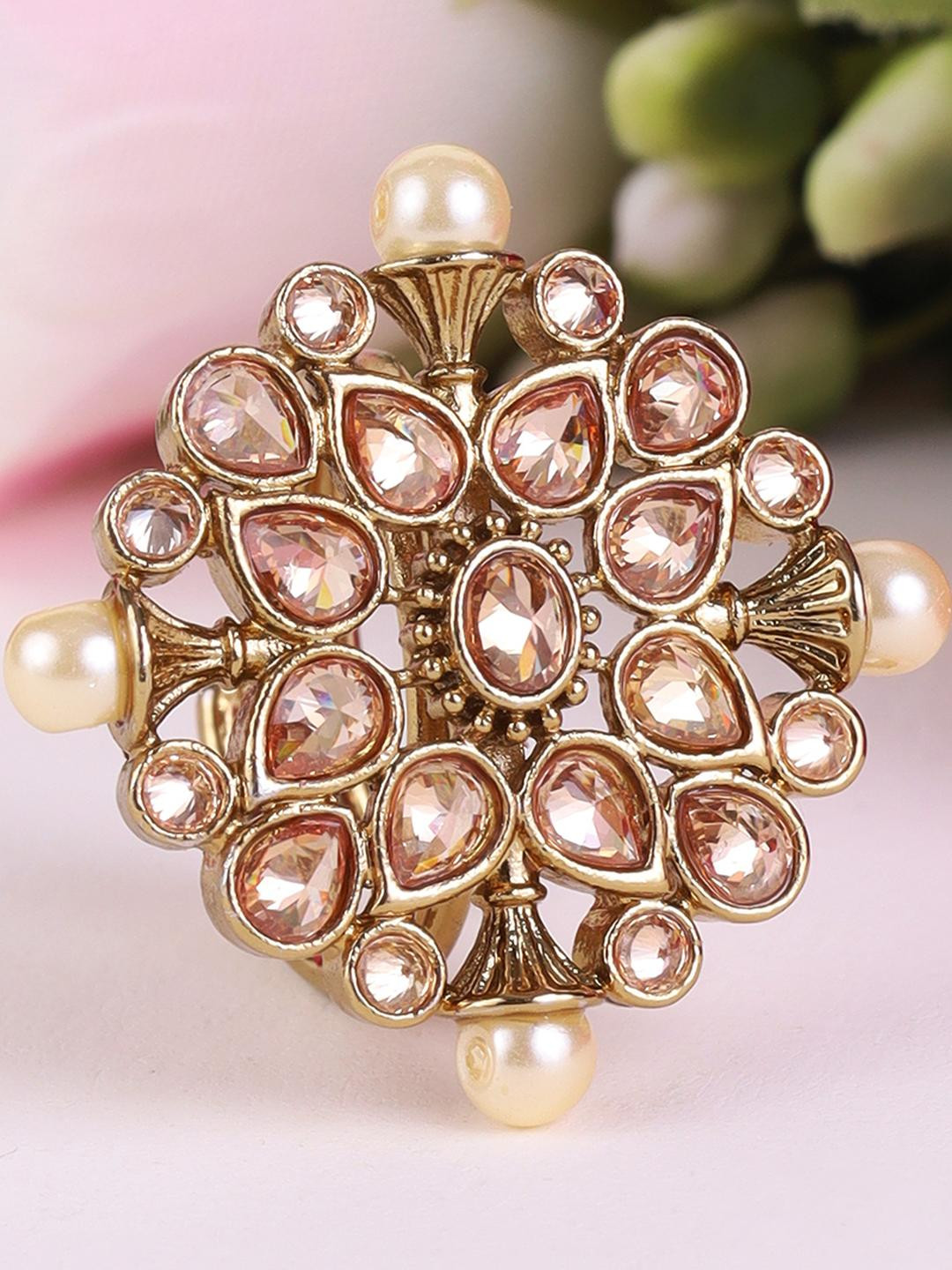 SALONI FASHION JEWELLE Women's Flower Design Gold Plated Brass Adjustable Ring