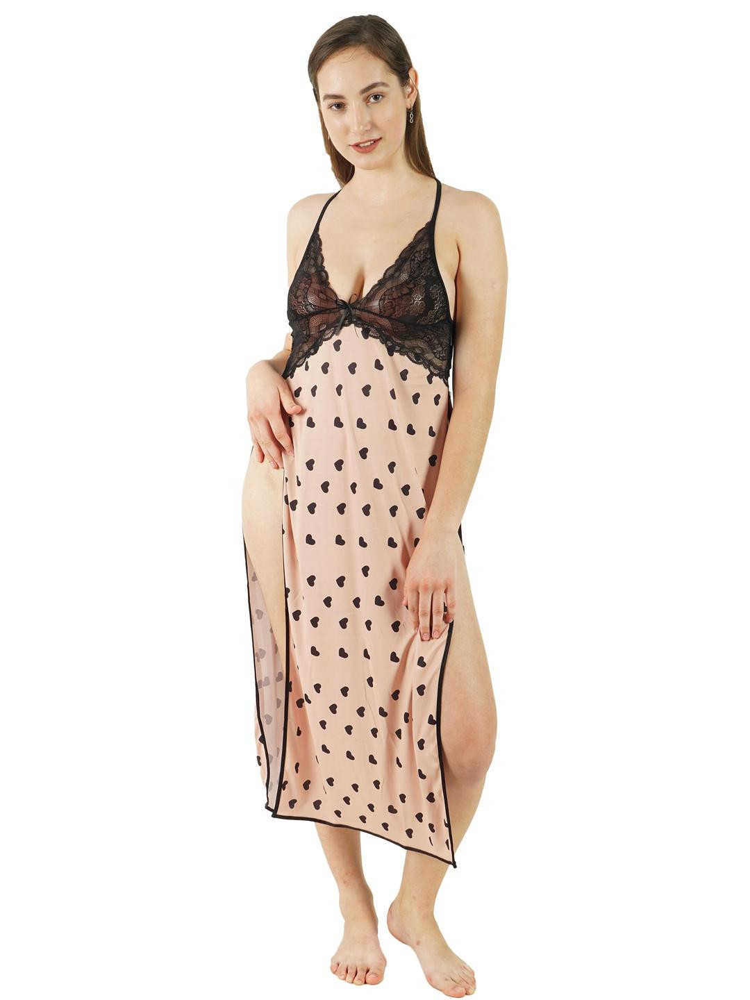 GuSo Shopee Beige & Black Heart Print High Split Maxiss Baby Doll