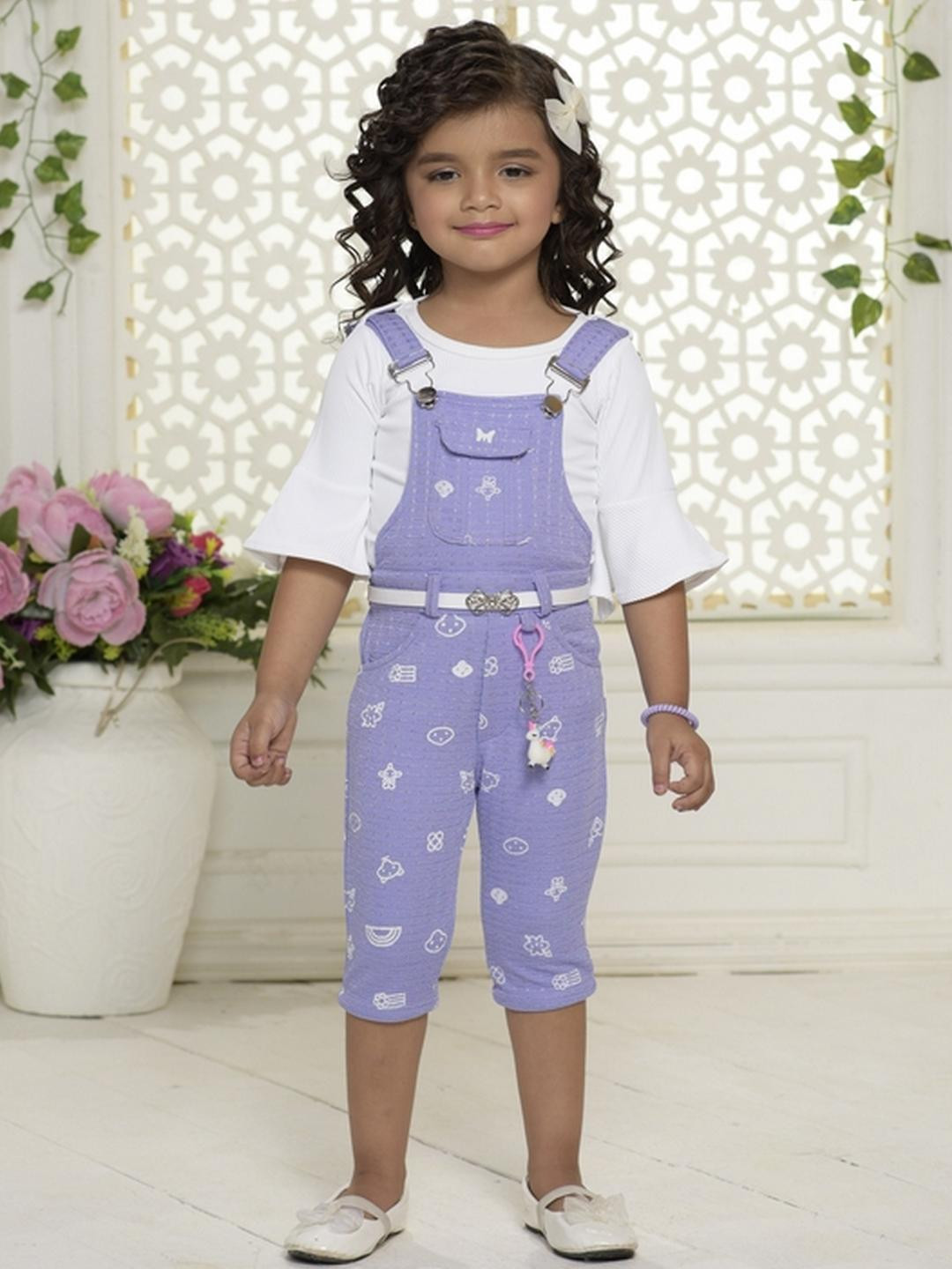 Be Kids girls Purple Printed Dungaree with White Bell Sleeve Top