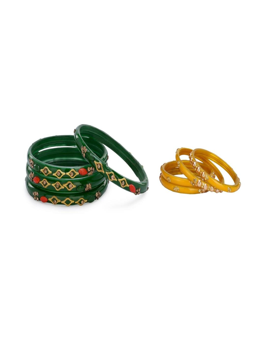 SOMIL Set Of 8 Green And Yellow Glass Artificial Stones & Beads Bangles