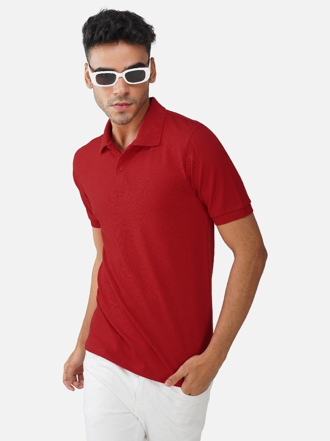MEGAKART Men Red Polo Collar Short Sleeves Slim Fit Cotton Casual T-shirt