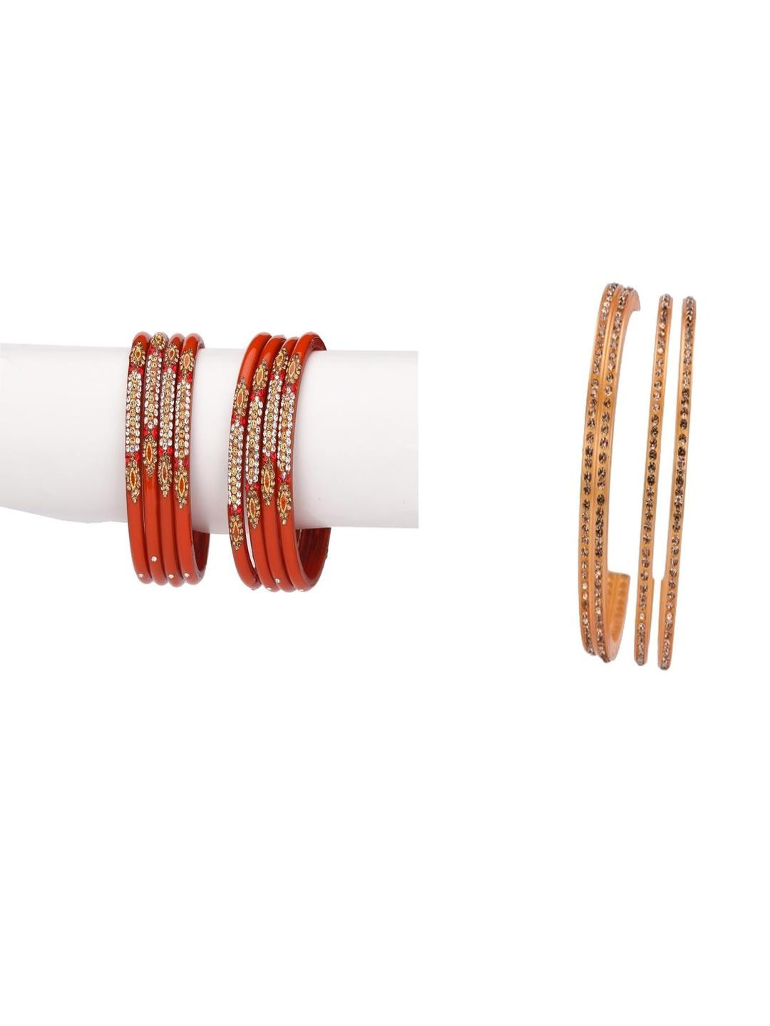 SOMIL Women Set Of 12 Red, Gold Alloy Artificial Stones & Beads Bangles