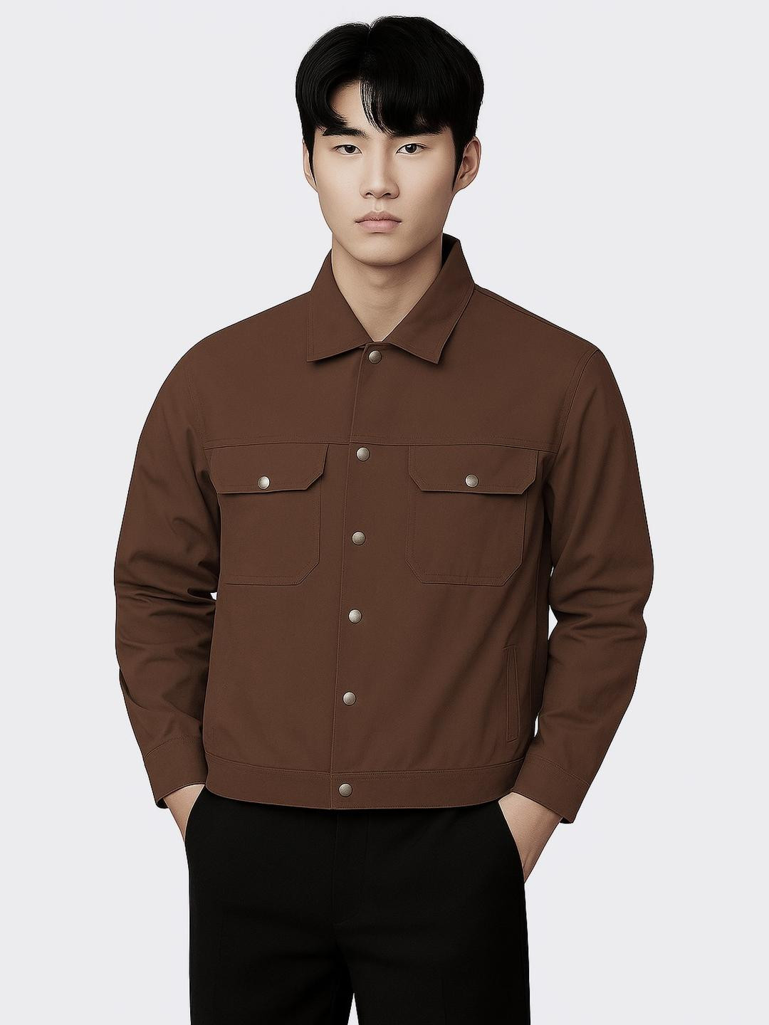NUEVOSDAMAS Men Pure Cotton Brown Shacket Style Shirt