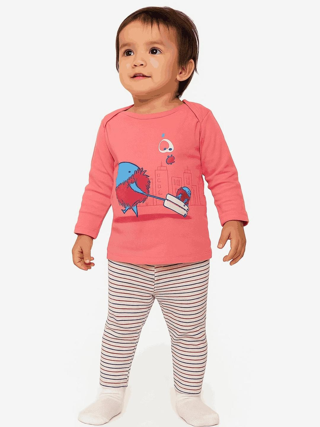Melon Kidswear Baby Girls Full Sleeve Cartoon Tee & Striped Bottom Clothing set