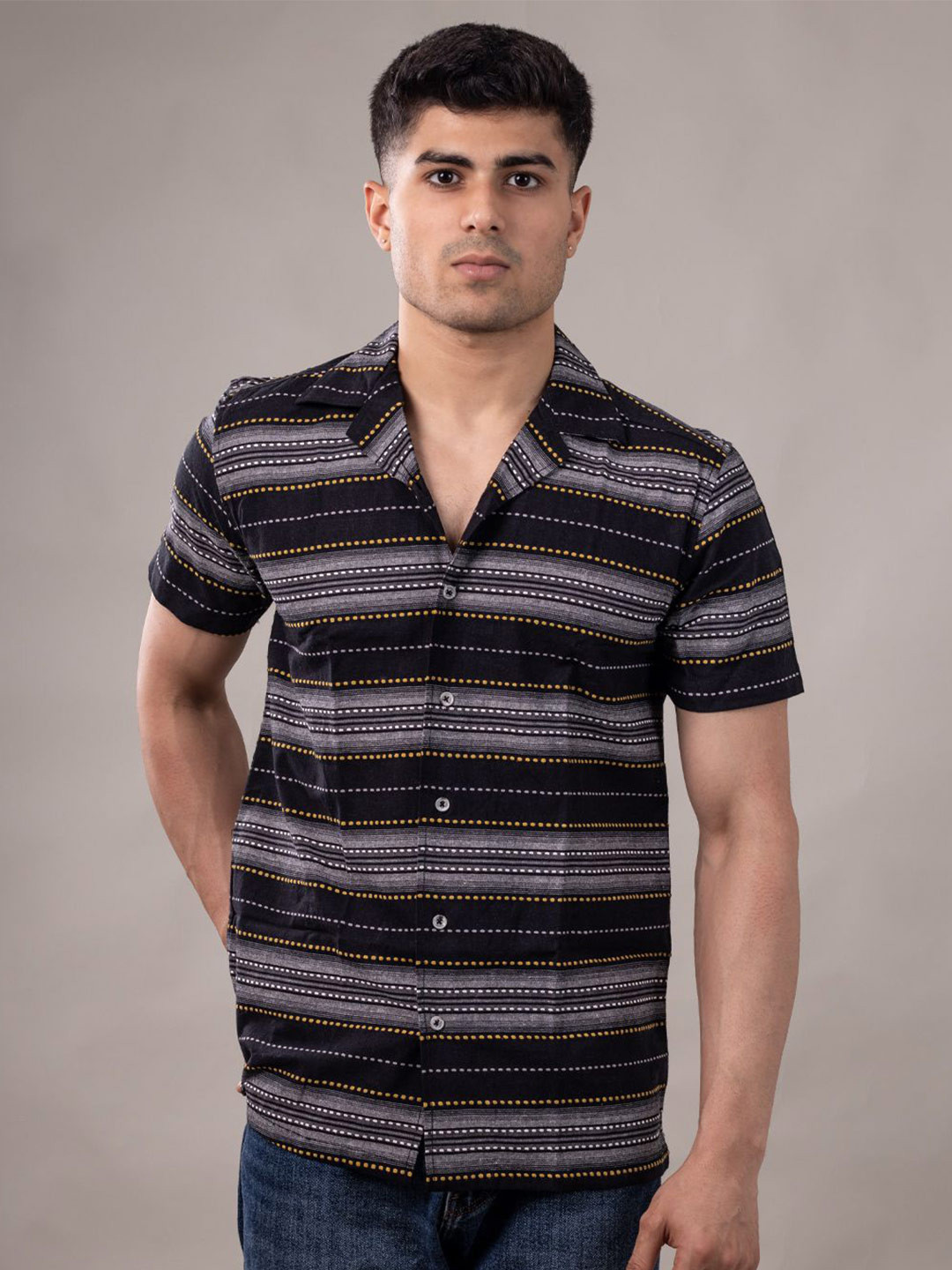 Suture Craft Men Original Fit Horizontal Striped Cuban Collar Cotton Casual Shirt