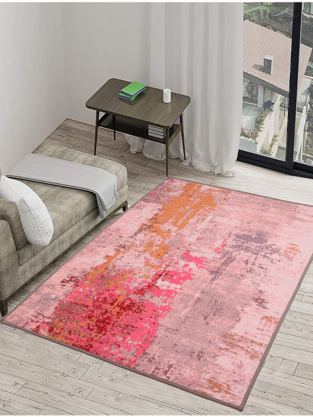 MODEFE Pink & Orange Abstract Anti-Skid Light Carpet