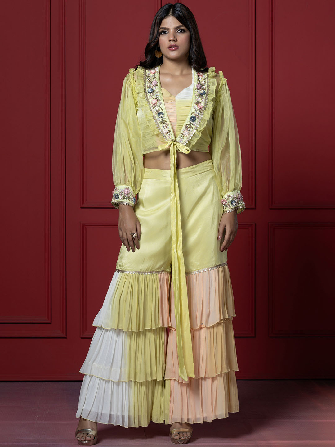 GloballyRonakRBafna Embellished V Neck Top & Sharara With Jacket Co-Ords