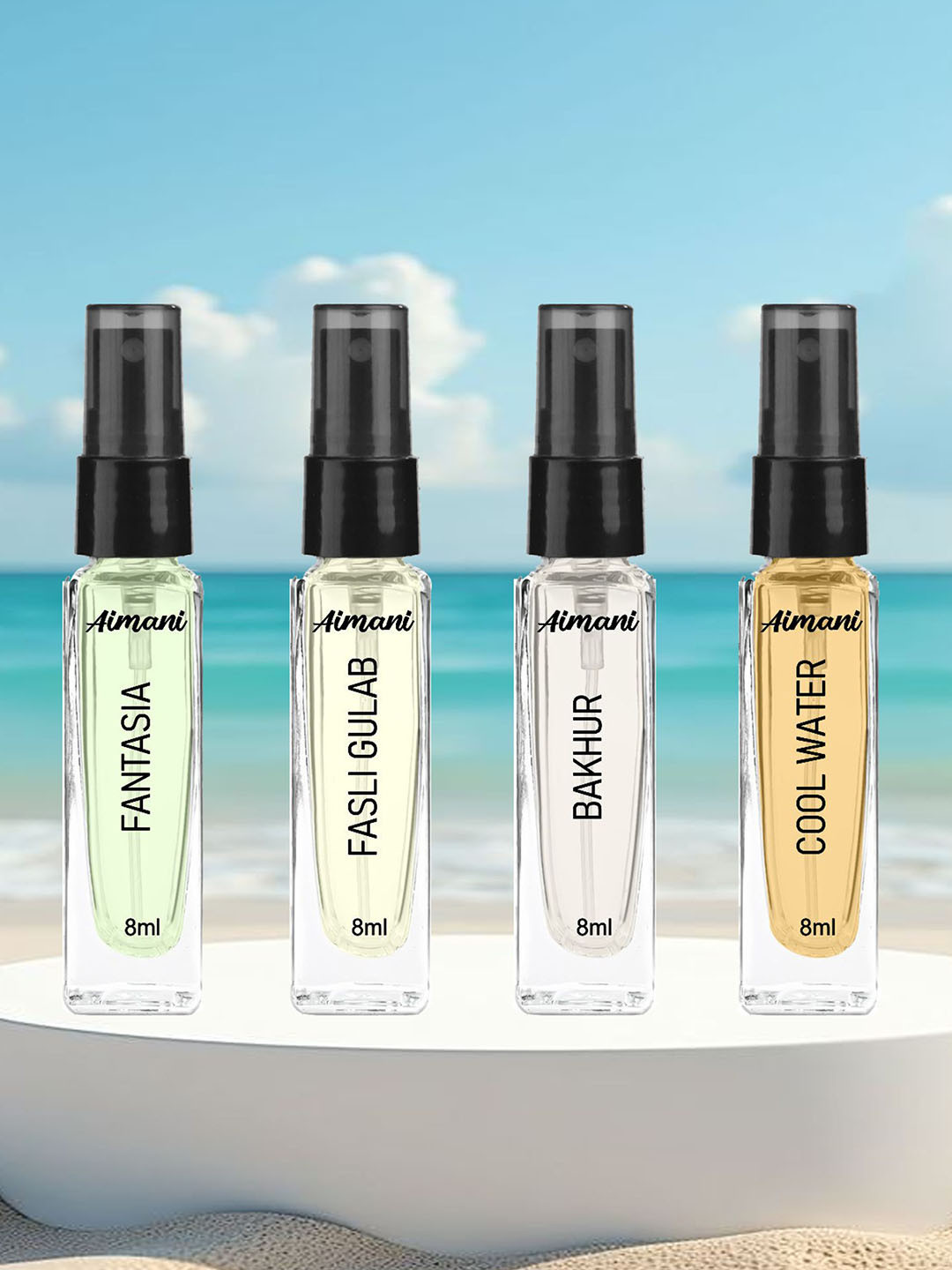 Aimani Set Of 4 Fantasia, Fasli Gulab, Bakhur & Cool Water Perfume - 8 ml Each