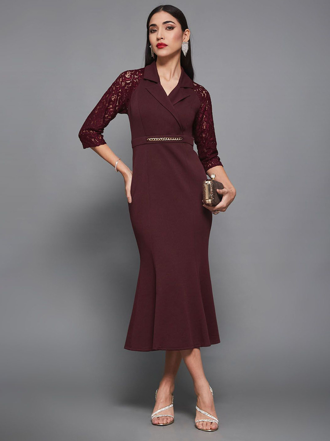 Miss Chase Women Solid Self Design Shirt Collar Bodycon Midi Dress