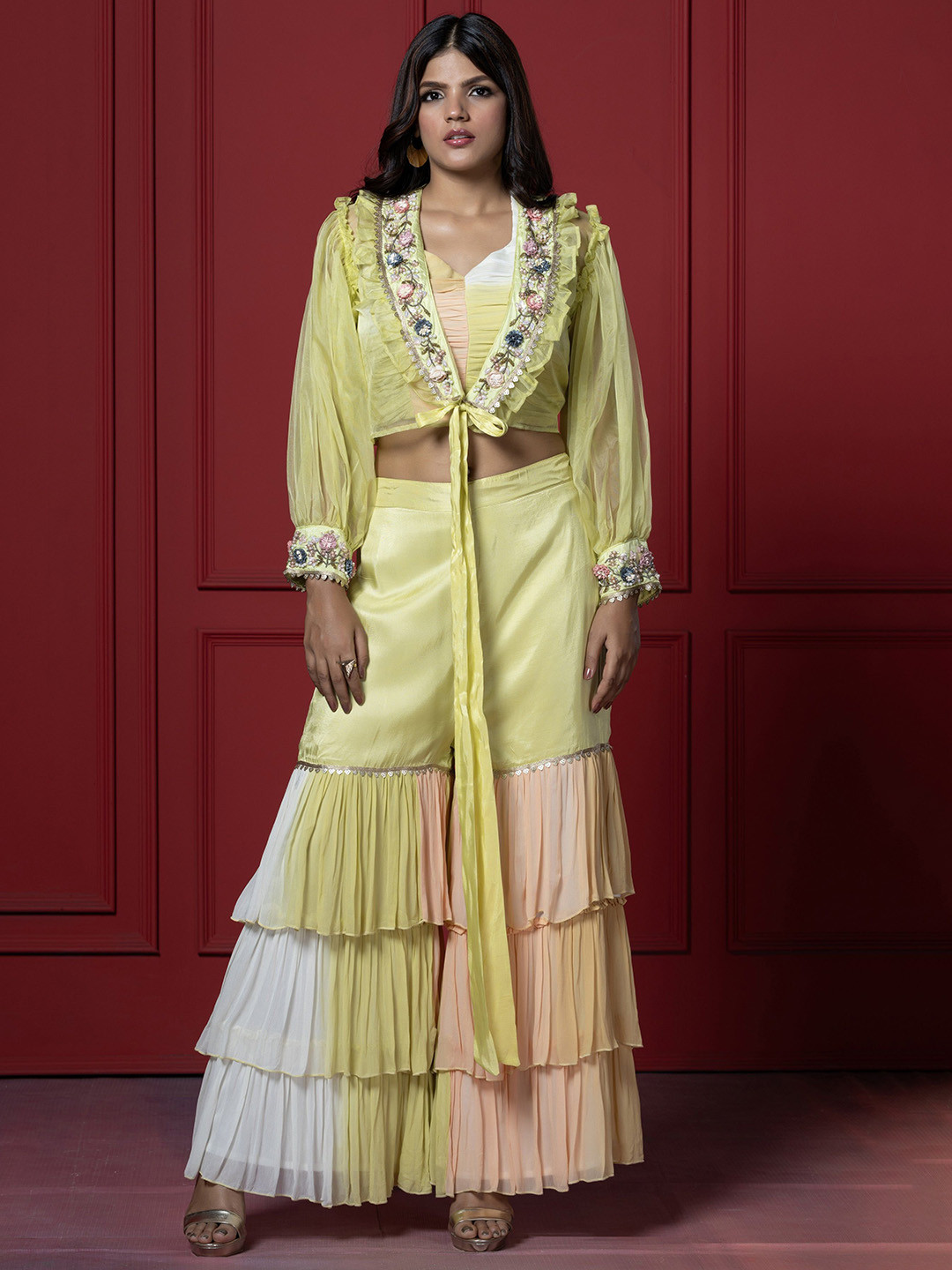 GloballyRonakRBafna Embellished Shoulder Strap Top & Colorful Sharara With Jacket Co-Ords