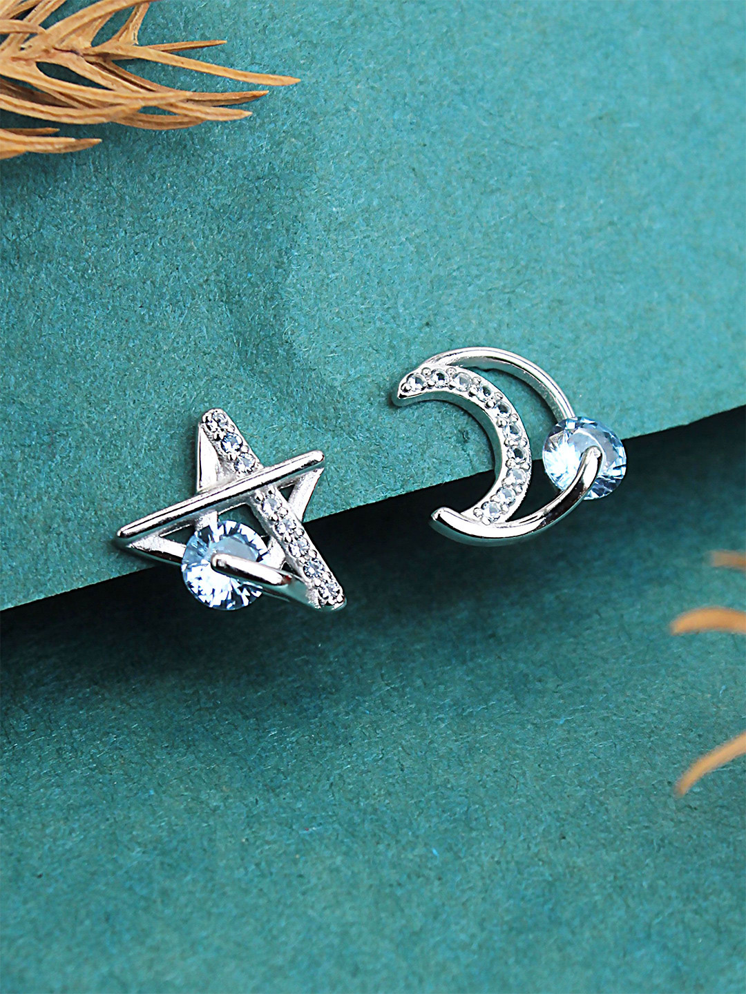 DEVASHREE 925 Sterling Silver Rhodium Plated CZ Studded Mismatch Star Moon Studs