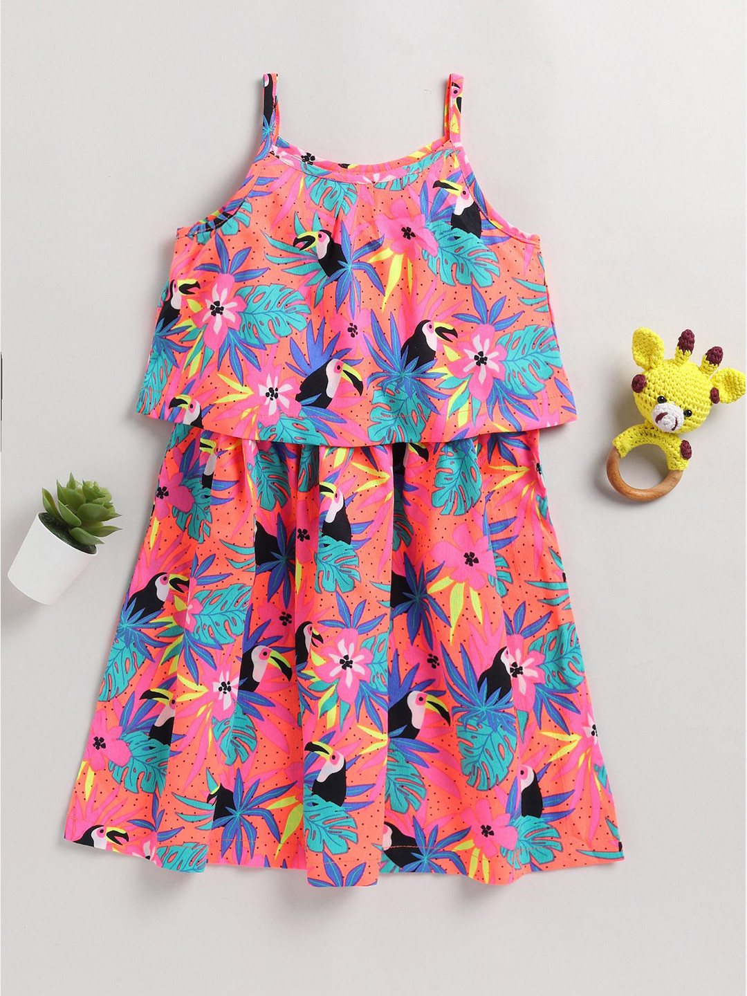 Lazy Shark Girls Tropical Printed Shoulder Straps Fit and Flare Dress