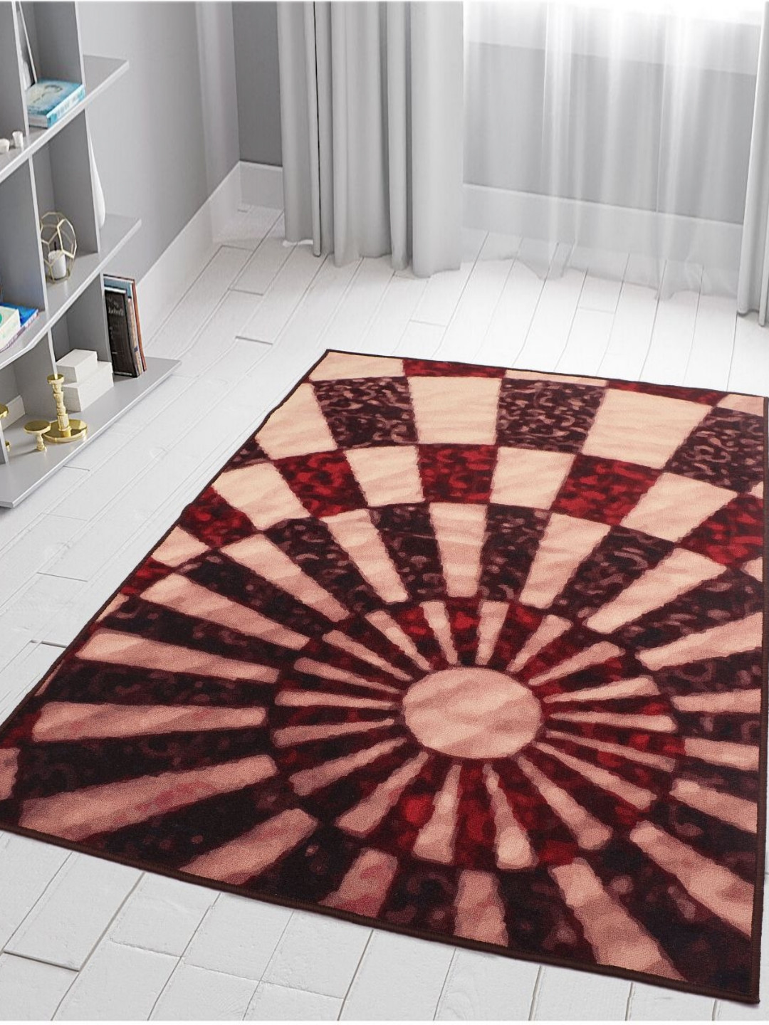 MODEFE Red & Maroon Abstract Light Anti-Skid Carpet