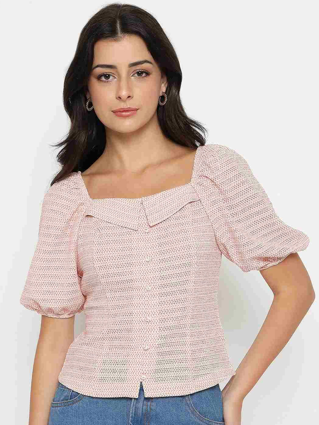 Madame Women Self Design Puff Sleeve Top