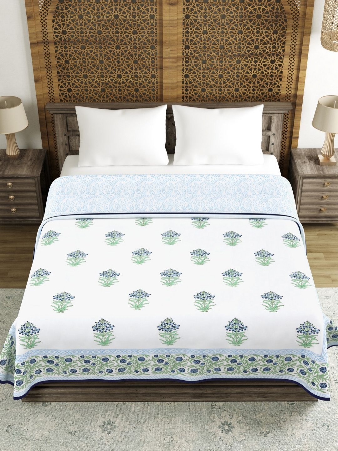 Sangria White & blue Ethnic Motifs Printed Pure Cotton 150 GSM Double Bed Dohar