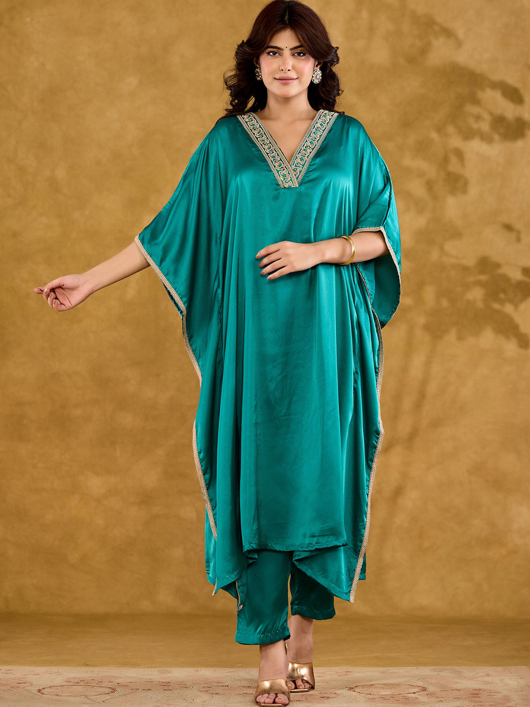 VASVI Satin Mirror Work V-Neck Kaftan Kurta With Trousers
