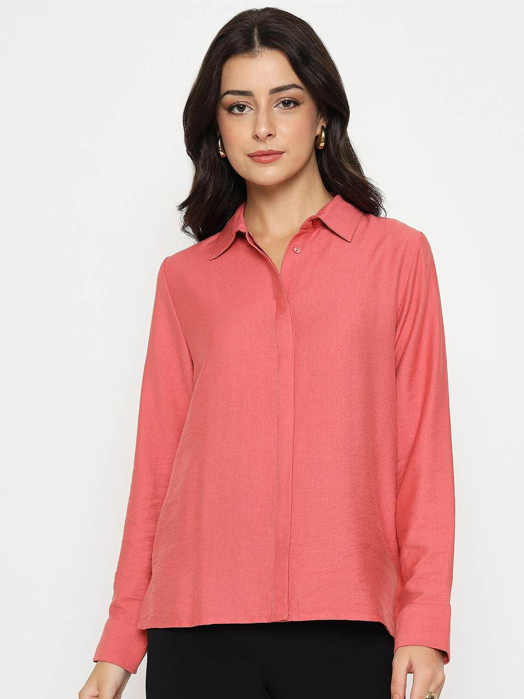 Madame Concealed Button Placket High Low Casual Shirt