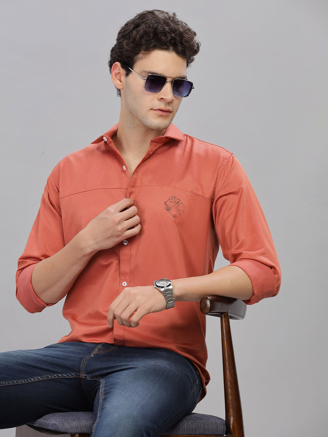 7TH LEGION Self Design Spread Collar Casual Shirt