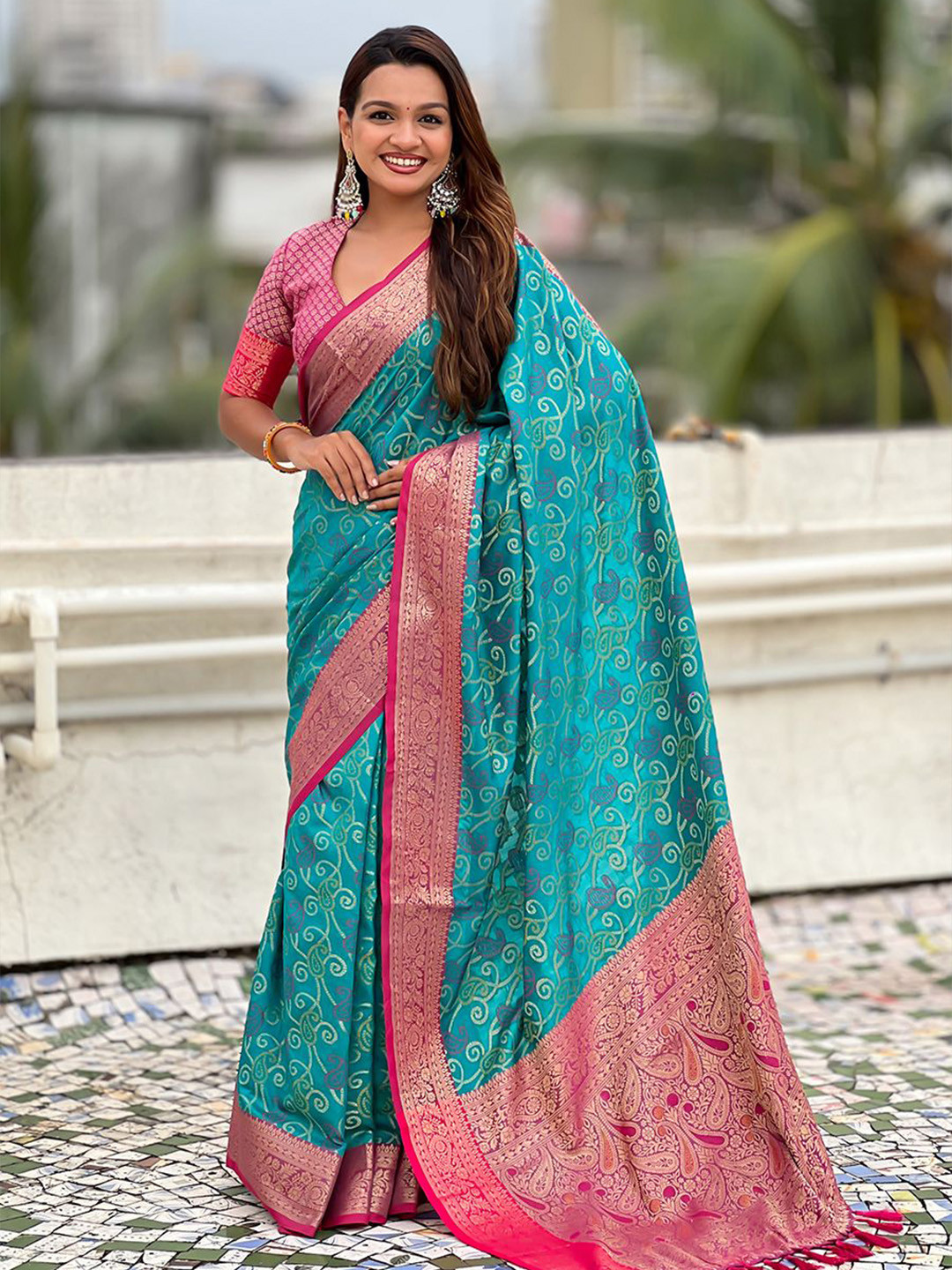 all about you Paisley Printed Zari Woven Design Boredr Patola Saree with Blouse Piece