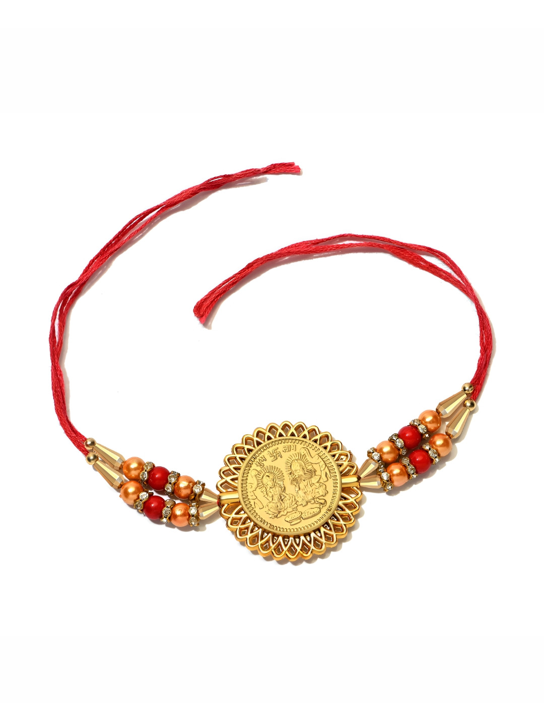 Pray Everyday Gold Plated Yellow & Red Ganesh & Lakshmi Ji Thread Rakhi