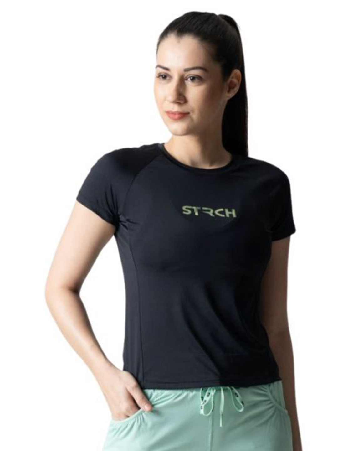 STRCH Women Nylon Rhytm Black Typography Printed Round Neck Short Sleeves Slim Fit T-shirt