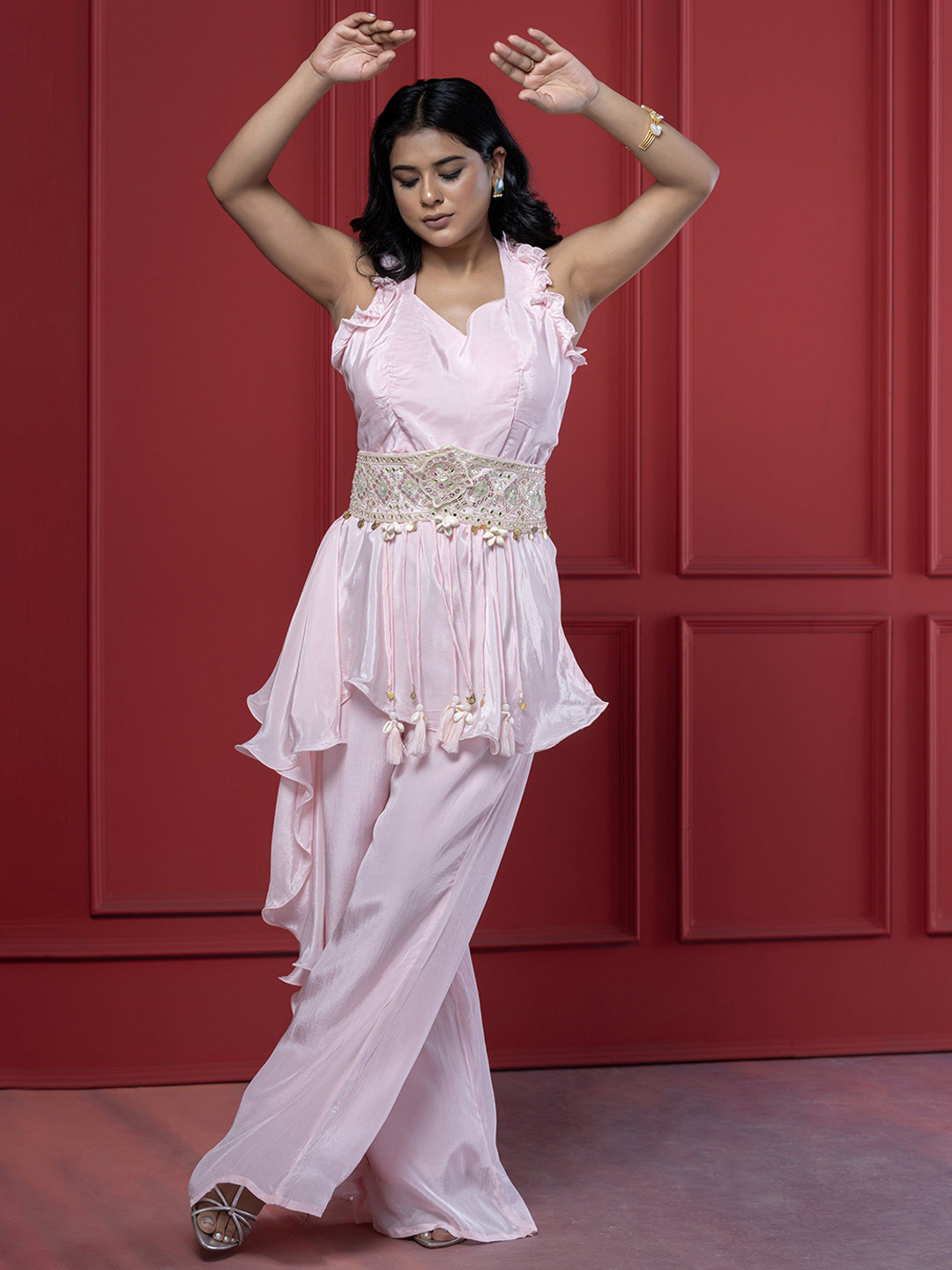 GloballyRonakRBafna Mirror & Shells Embroidered V Neck Top Belt With Palazzos Co-Ords Set