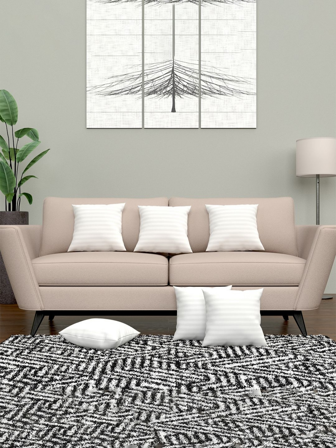 Aura White 6-Pcs Striped Microfiber Cushion Pillow Filler