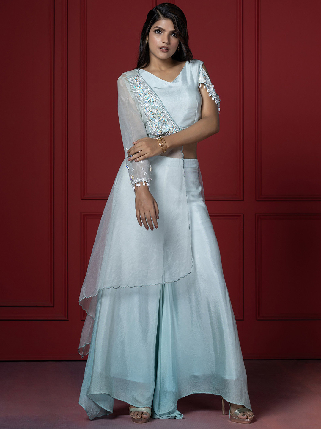 GloballyRonakRBafna Embellished V Top & Palazzo With Breezy Half Style Jacket Co-Ords