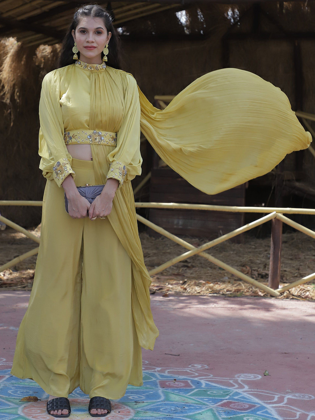 GloballyRonakRBafna Embellished Pleated Crop Top With Palazzo Pants Co-Ords