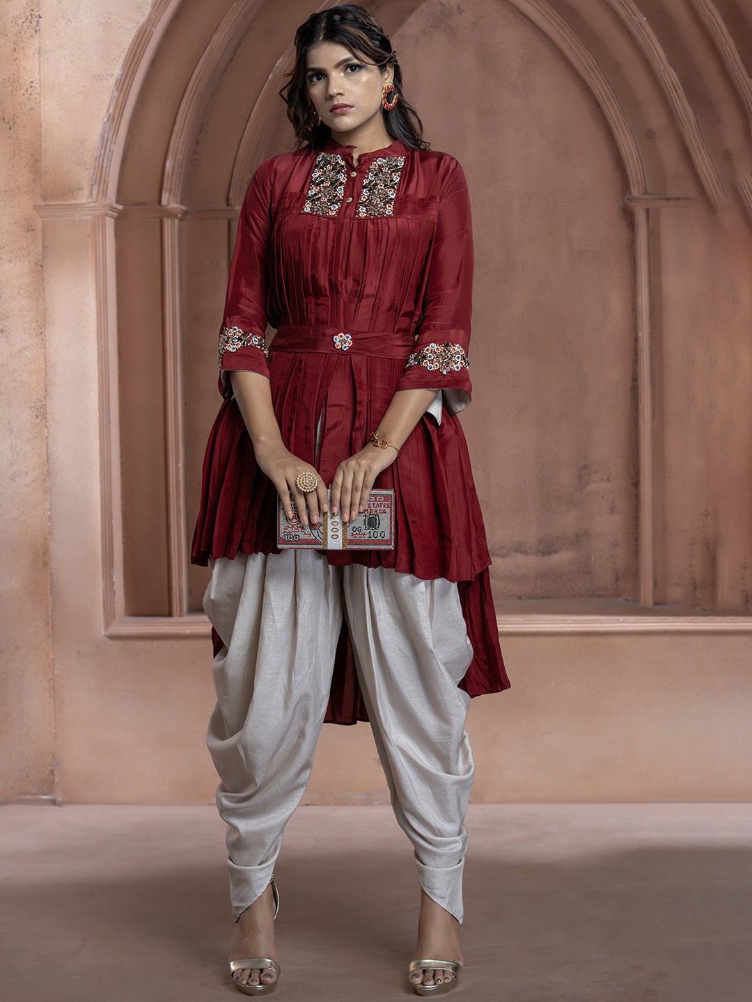 GloballyRonakRBafna Embellished Mandarin Collar Tunic & Dhoti Pants With Belt Co-Ords