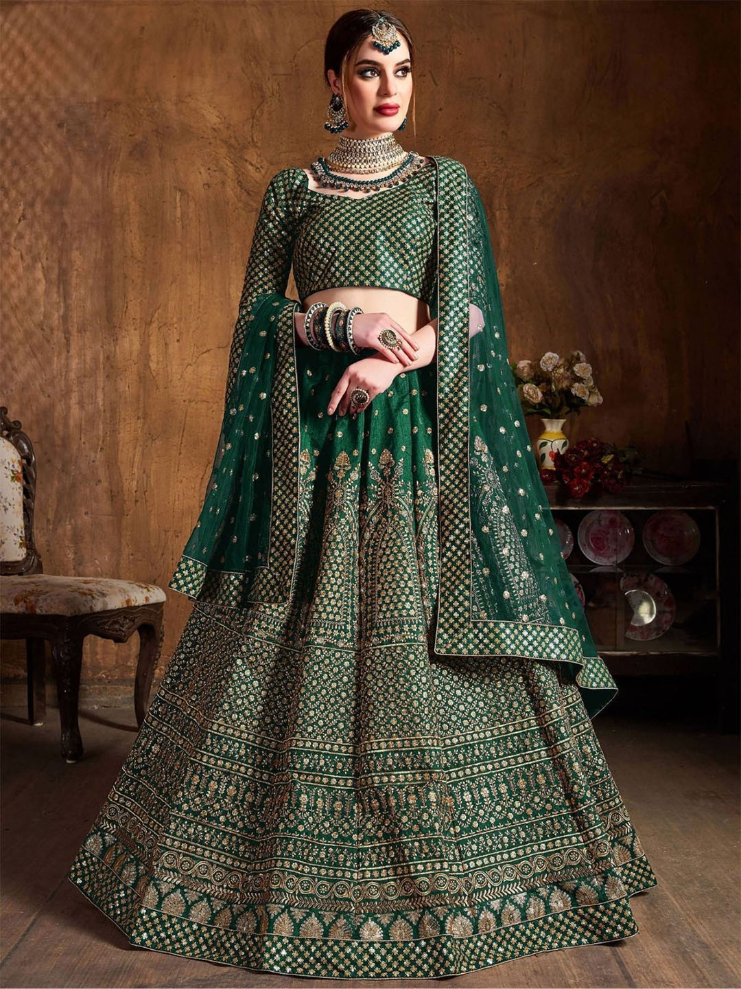 ODETTE Green Silk Blend Embroidered Semi-Stitched Lehenga For Women