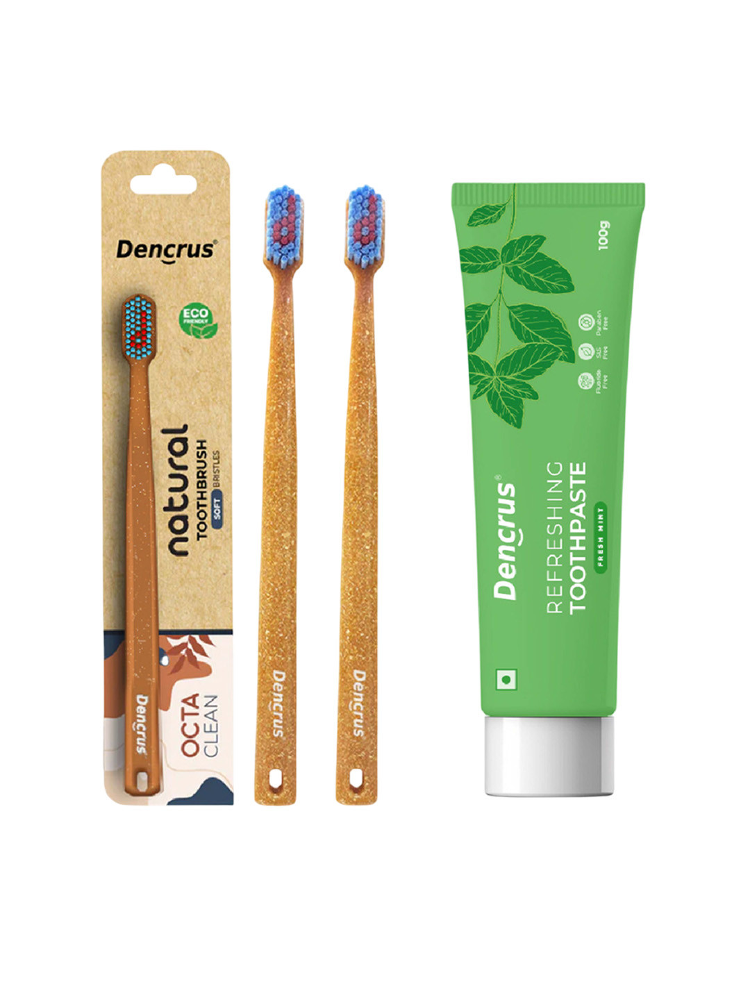Dencrus Set Of 2 Octa Clean Bamboo Toothbrush With Mint Toothpaste - 100 g